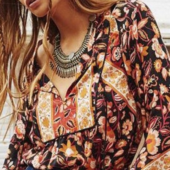 Rust Orange Brown Boho Tassel Tie Flare Sleeve Top - Picture 4 of 9